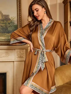 Home Wear 3/4 Length Sleeves Floral Print Oversized Chiffon Sash Casual Robe