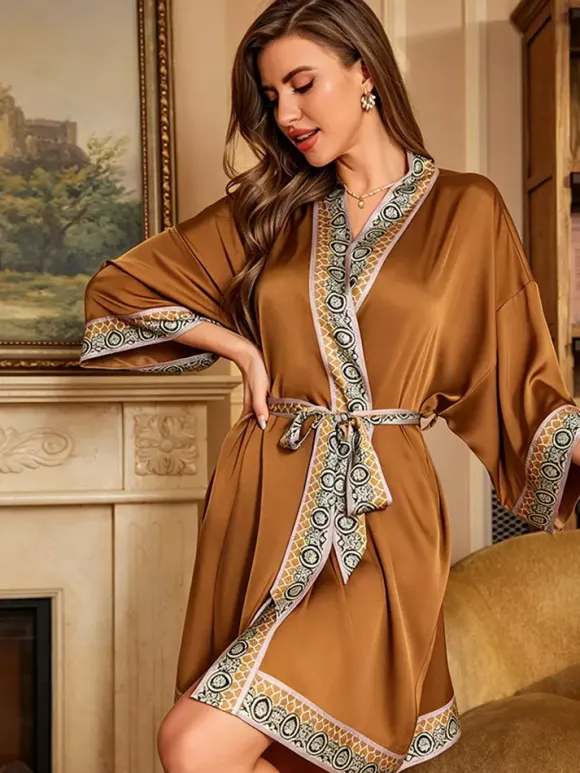 Home Wear 3/4 Length Sleeves Floral Print Oversized Chiffon Sash Casual Robe