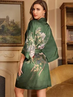 Home Wear 3/4 Length Sleeves Floral Print Oversized Chiffon Sash Casual Robe