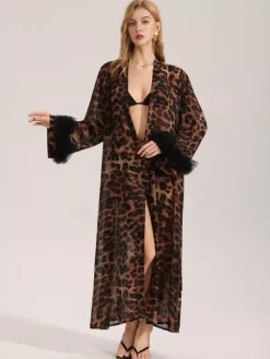 Home Wear Long Sleeves Leopard Print Oversized Chiffon Sash Lounge