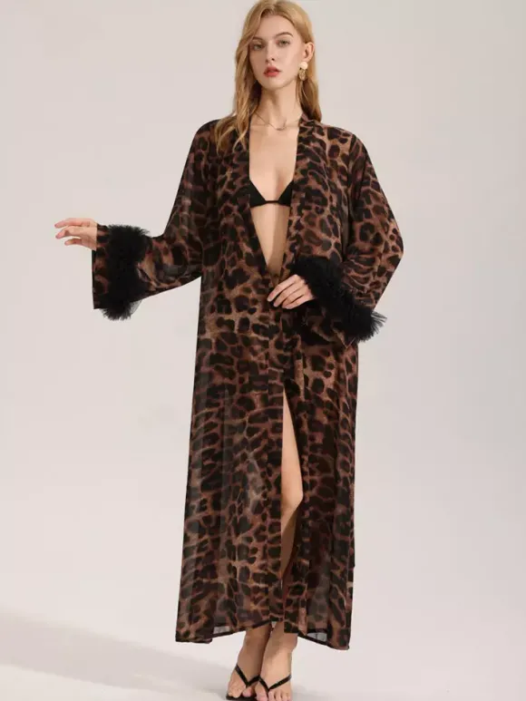 Home Wear Long Sleeves Leopard Print Oversized Chiffon Sash Lounge