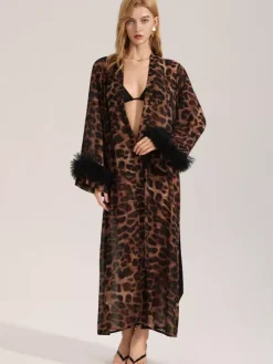 Home Wear Long Sleeves Leopard Print Oversized Chiffon Sash Lounge