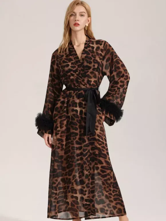 Home Wear Long Sleeves Leopard Print Oversized Chiffon Sash Lounge