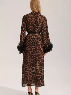 Home Wear Long Sleeves Leopard Print Oversized Chiffon Sash Lounge