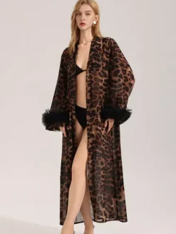 Home Wear Long Sleeves Leopard Print Oversized Chiffon Sash Lounge