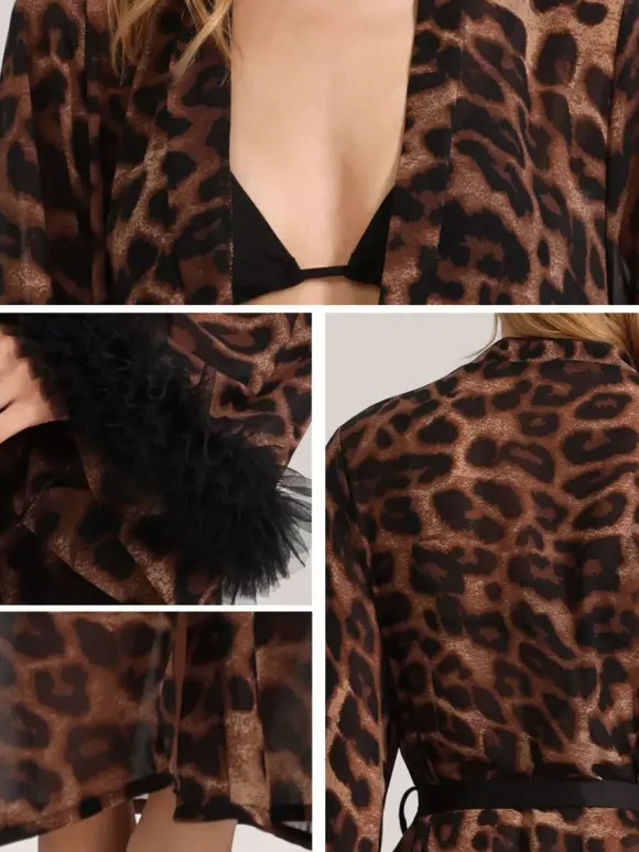 Home Wear Long Sleeves Leopard Print Oversized Chiffon Sash Lounge