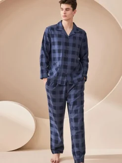 Home Wear 2-Piece Turndown Collar Long Sleeves Plaid Cotton Women WInter Warm Loungewear