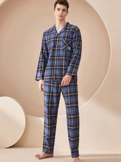 Home Wear 2-Piece Turndown Collar Long Sleeves Plaid Cotton Women WInter Warm Loungewear