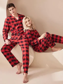 Home Wear 2-Piece Turndown Collar Long Sleeves Plaid Cotton Women WInter Warm Loungewear