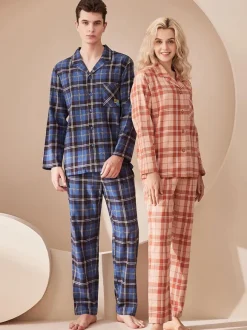 Home Wear 2-Piece Turndown Collar Long Sleeves Plaid Cotton Women WInter Warm Loungewear