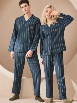Home Wear 2-Piece Turndown Collar Long Sleeves Plaid Cotton Women WInter Warm Loungewear