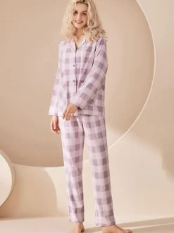 Home Wear 2-Piece Turndown Collar Long Sleeves Plaid Cotton Women WInter Warm Loungewear