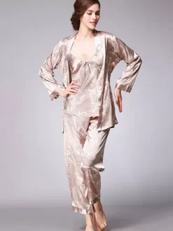 Home Wear Turndown Collar Long Sleeves Clothes Silk-like Outfit
