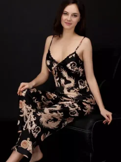 Home Wear Turndown Collar Long Sleeves Clothes Silk-like Outfit