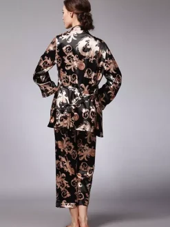Home Wear Turndown Collar Long Sleeves Clothes Silk-like Outfit
