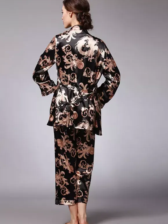 Home Wear Turndown Collar Long Sleeves Clothes Silk-like Outfit