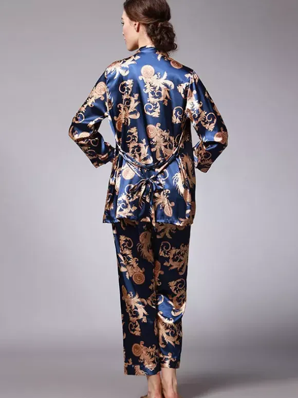 Home Wear Turndown Collar Long Sleeves Clothes Silk-like Outfit