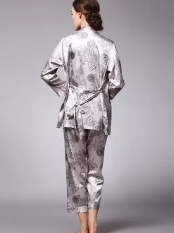 Home Wear Turndown Collar Long Sleeves Clothes Silk-like Outfit
