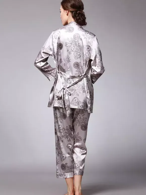Home Wear Turndown Collar Long Sleeves Clothes Silk-like Outfit