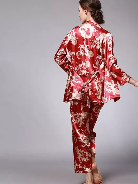 Home Wear Turndown Collar Long Sleeves Clothes Silk-like Outfit