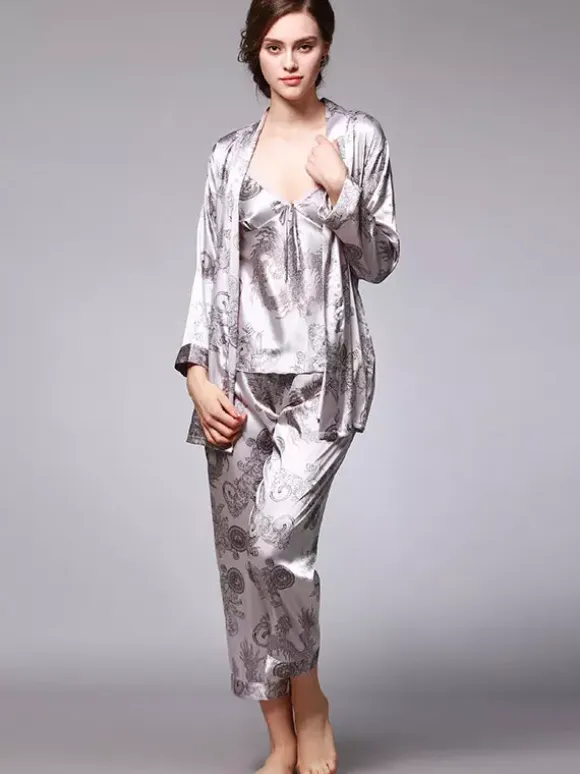 Home Wear Turndown Collar Long Sleeves Clothes Silk-like Outfit