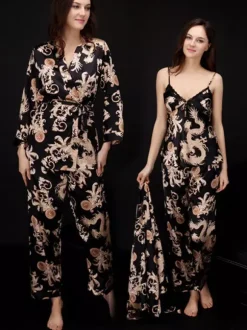 Home Wear Turndown Collar Long Sleeves Clothes Silk-like Outfit