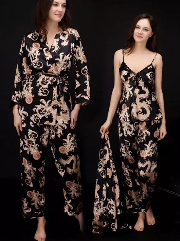 Home Wear Turndown Collar Long Sleeves Clothes Silk-like Outfit