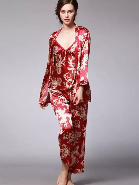Home Wear Turndown Collar Long Sleeves Clothes Silk-like Outfit