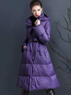 Hooded Down Coat Purple Long Puffer Winter Outerwear For Women