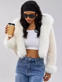 Hooded Faux Fur Coat In White Eco-friendly Winter Cropped Jacket For Women 2026