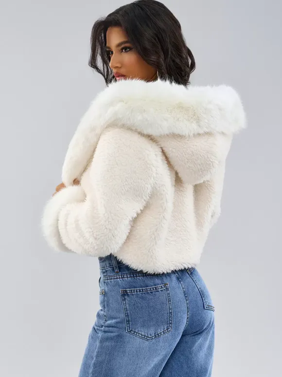 Hooded Faux Fur Coat In White Eco-friendly Winter Cropped Jacket For Women 2026