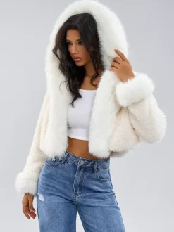 Hooded Faux Fur Coat In White Eco-friendly Winter Cropped Jacket For Women 2026