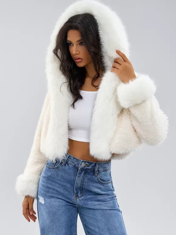 Hooded Faux Fur Coat In White Eco-friendly Winter Cropped Jacket For Women 2026