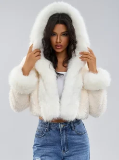 Hooded Faux Fur Coat In White Eco-friendly Winter Cropped Jacket For Women 2026