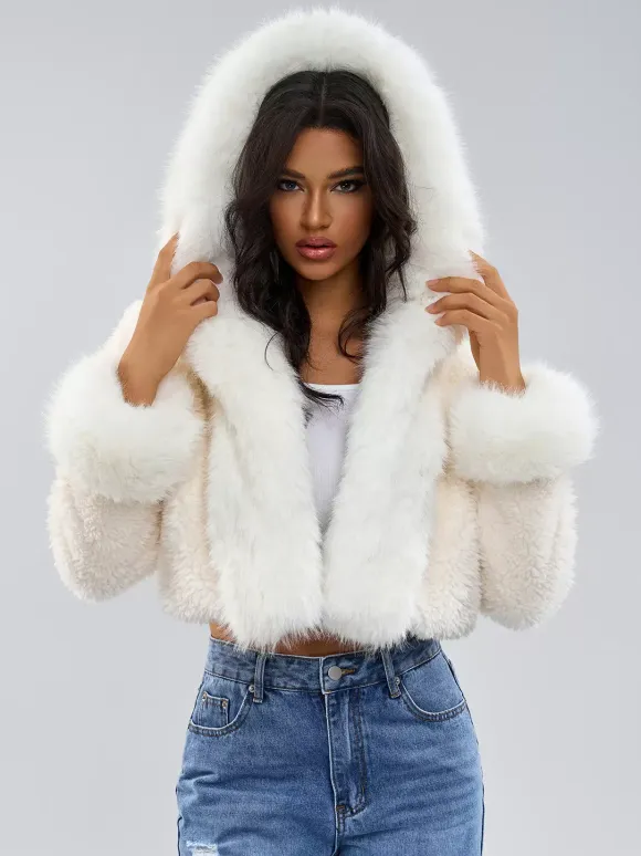 Hooded Faux Fur Coat In White Eco-friendly Winter Cropped Jacket For Women 2026