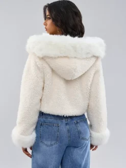 Hooded Faux Fur Coat In White Eco-friendly Winter Cropped Jacket For Women 2026