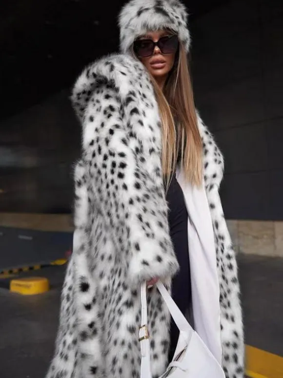 Hooded Faux Fur Coat Leopard Print Eco-friendly Winter Long Jacket 2026