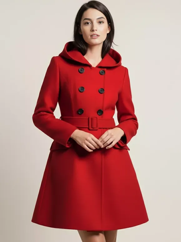 Hooded A-Line Midi Coat With Double-Breasted Design And Belt For Women 2026