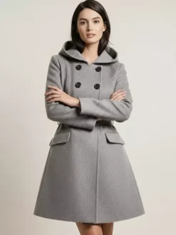 Hooded A-Line Midi Coat With Double-Breasted Design And Belt For Women 2026
