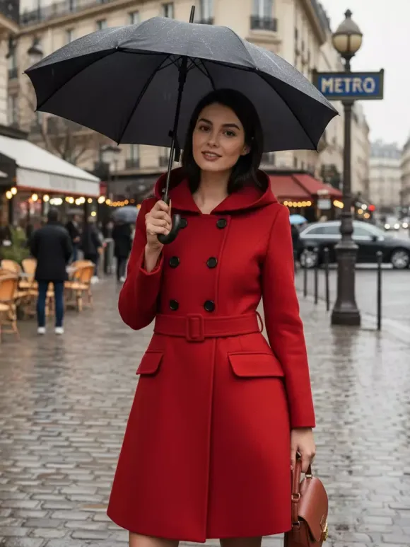 Hooded A-Line Midi Coat With Double-Breasted Design And Belt For Women 2026