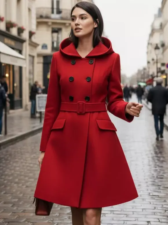 Hooded A-Line Midi Coat With Double-Breasted Design And Belt For Women 2026