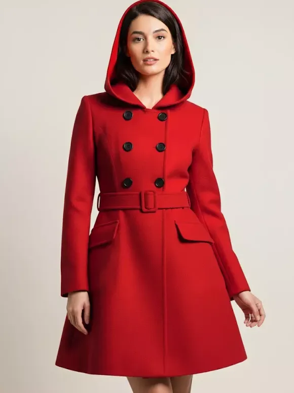 Hooded A-Line Midi Coat With Double-Breasted Design And Belt For Women 2026