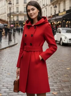 Hooded A-Line Midi Coat With Double-Breasted Design And Belt For Women 2026