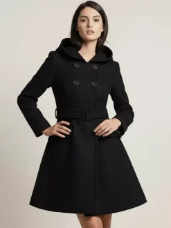 Hooded A-Line Midi Coat With Double-Breasted Design And Belt For Women 2026