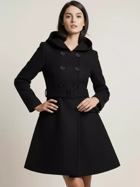 Hooded A-Line Midi Coat With Double-Breasted Design And Belt For Women 2026