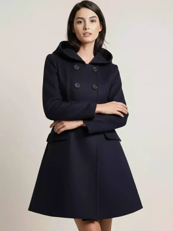 Hooded A-Line Midi Coat With Double-Breasted Design And Belt For Women 2026
