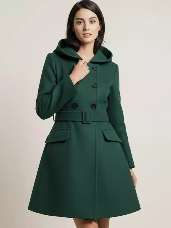 Hooded A-Line Midi Coat With Double-Breasted Design And Belt For Women 2026