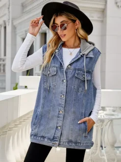 Hooded Denim Vest For Women - Oversized Longline Distressed Sleeveless Jean Jacket Coat - Spring Summer Streetwear 2026