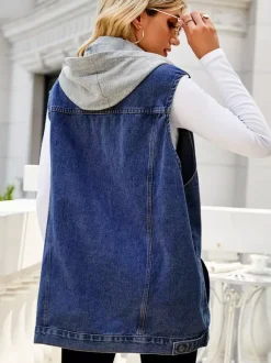Hooded Denim Vest For Women - Oversized Longline Distressed Sleeveless Jean Jacket Coat - Spring Summer Streetwear 2026