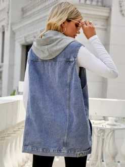 Hooded Denim Vest For Women - Oversized Longline Distressed Sleeveless Jean Jacket Coat - Spring Summer Streetwear 2026